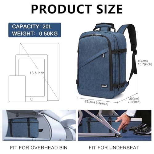 Kono Ryanair Cabin Bags 40x20x25 Underseat Travel Bag Carry On Backpack Hand Luggage Bag Laptop Backpack Cabin Size（20L, Navy） — view 2