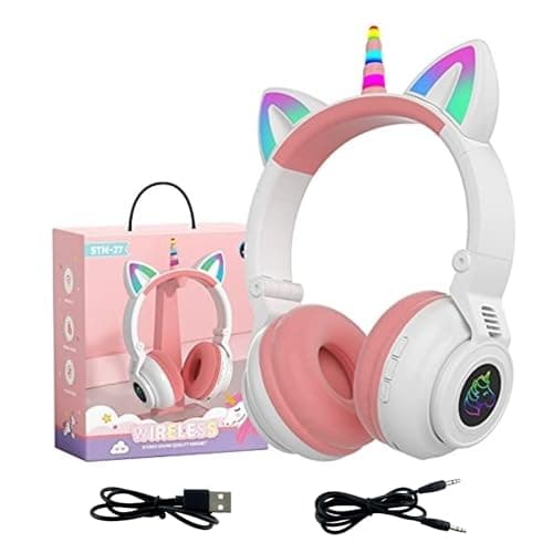 YUSONIC Unicorn Headphones for Girls, Unicorn Bluetooth Headphones Foldable for Girl Toddlers Tablet/pad/Amazon fire,Light Up Kids Wireless Headphone Birthday Gifts (White)