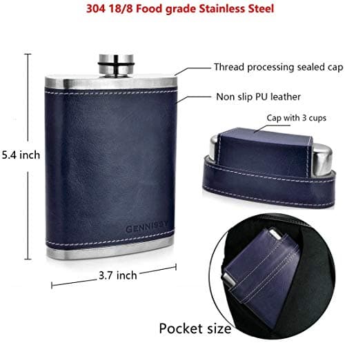 GENNISSY 8oz Hip Flask for Men - 304(18/8) Stainless Steel Bourbon Whiskey Flask, Leakproof with Navy Blue Leather Wrap - Includes Funnel & 3 Mini Cups for Dad, Gifts, Travel — view 2