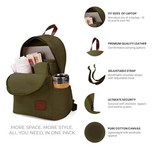 WooStyle Premium Cotton Canvas Backpack – Stylish, Lightweight, Multifunctional Laptop Bag, Extra Capacity. Fits 13”-15” inch Laptops. Unisex, All Ages. Includes Matching Pouch (Olive Green) — view 5
