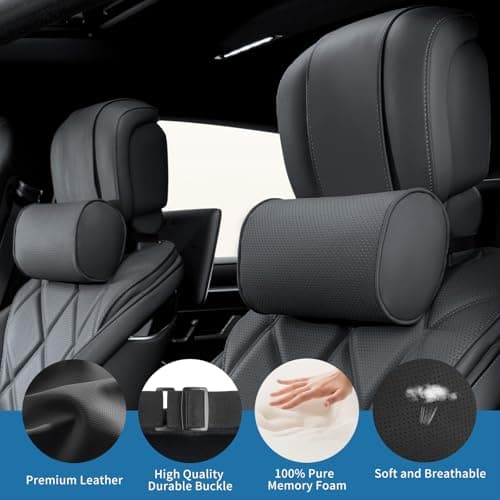 Dapucarin Car Headrest Pillow for Driving - Luxury Leather 100% Memory Foam, Ergonomic Neck Support - Universal Fit Head Rest Travel Pillow for Most Cars, Home & Office, Black, 2 Pack — view 4