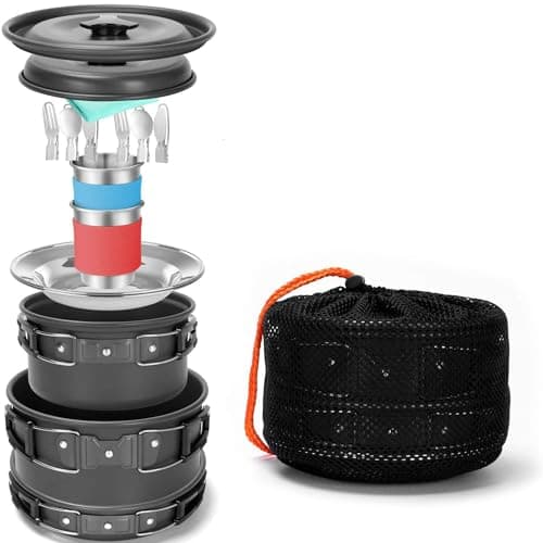 DUOJIN Camping Cooking Set Portable Camping Cookware Kit Aluminum Outdoor Camping Pans Pots and Stove Cooking Gear for Outdoor Hiking BBQ Picnic Campfire Backpacking Travel 1-2 People — view 5