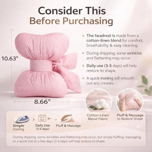Cute Pink Bow Car Headrest Pillow,Headrest Pillow Comfortable Seat Neck Support，relieve fatigue，Head Rest Accessories for Driving Travel Driver Chair ，Girl Style(Pink 2 Pcs) — view 5