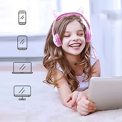 Olyre Kids Wired Headphones with Mic, LED Cat Ears, Girls, Toddlers, Pink — view 6
