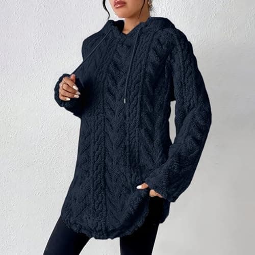 SYDUZAX Fleece Hoodie Women Double Fluffy Long Hoodies Sherpa Teddy Bear Hooded Sweatshirt Plain Winter Plush Warm Fuzzy Coats Pullover Thermal Tops Ladies Snuggle Hoodies Casual Outwear Navy — view 2