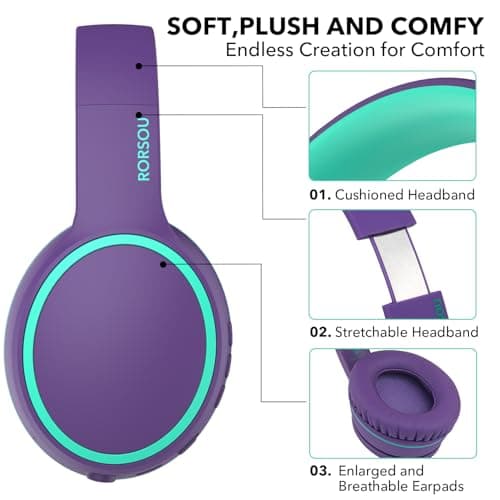 RORSOU B10 Bluetooth Headphones Over Ear, 2 EQ Music Modes(Normal/Bass) and 50H Playtime Wireless Headphones with Mic, Lightweight Folding HiFi Stereo Headset for iPad/Travel/Tablet/PC/Home Purple — view 3