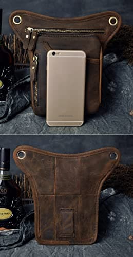 Le'aokuu Mens Womens Genuine Leather Motorcycle Waist Pack Messenger Shoulder Hip Bum Drop Leg Thigh Bag Pouches (211-5 0 Dark Brown) — view 3