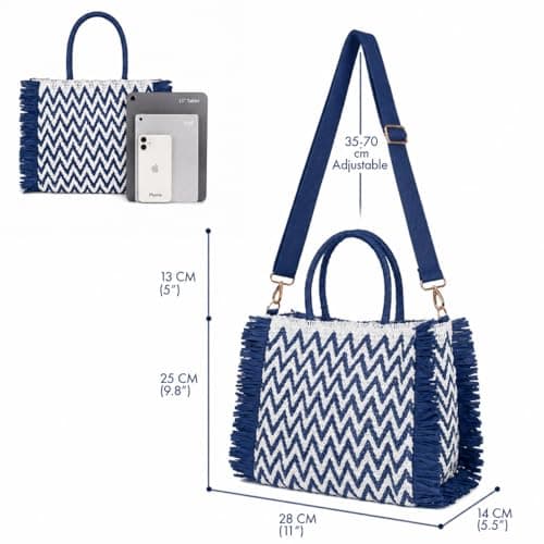 Woodland Leathers Womens Summer Bag, Straw Beach Bag, Large Woven Tote Bag with Raffia Fringe, Boho Chevron Design, Detachable Adjustable Shoulder Strap Holiday Handbag (Blue, Large) — view 4