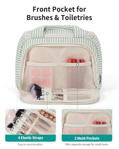 Narwey Large Toiletry Bag for Women, Travel Wash Bag Women for Full Size Toiletries, Wide Open Toiletries Bag Makeup Cosmetic Organizer Bag for Essentials Accessories (Mint Green Stripe) — view 3