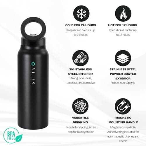 BillyO Bottle Gym and Sport Flask with Adjustable Phone Holder/Tripod | 700ml Stainless Steel Insulated Bottle with Magnetic Leak-Proof Lid | Nozzled and Screw-Topped | 24 Hours Cold, 12 Hours Hot — view 2