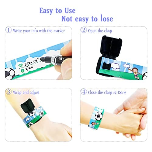 AMOH JERCY Kids ID Bracelet – 6 Pack Reusable Waterproof Safety Wristbands for Travel, School Trips, Theme Parks & Outdoor Activities – Adjustable Contact Info Bands for Boys & Girls with Marker — view 4