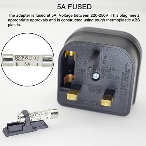 Casoter 2-Pin EU to 3-Pin UK Plug Adaptor, 5A Fuse European Type C E F to Britain Type G Plug Converter, Black Euro Plug Adaptor UK Socket Adapter, 3 Pack — view 4