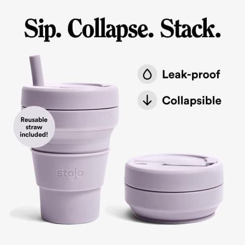 Stojo Collapsible Travel Cup With Straw - Lilac, 16oz / 470ml - Reusable To-Go Pocket Size Silicone Cup for Hot and Cold Drinks - Perfect for Camping and Hiking - Microwave & Dishwasher Safe — view 2