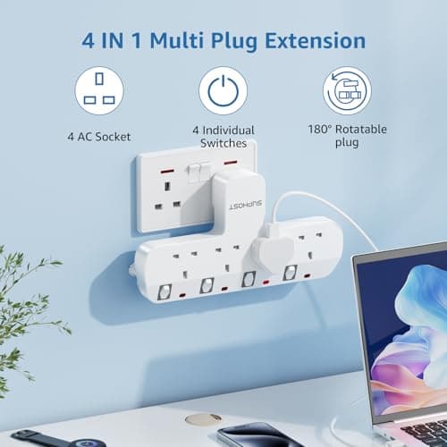 SUPHOST Plug Extension Socket, 4 Way Plug Adapter with 180 Degree Rotating UK Plug, 13A Fused Multi Plug Adaptor with 4 Independent Switches, Wall Socket Extension for Home Office Kitchen — view 4