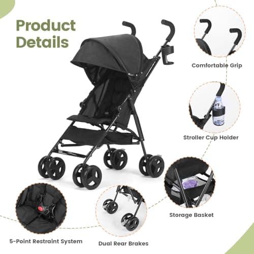Baby Stroller, Umbrella Stroller with Foldable Pushchair with Adjustable Canopy, Folding Infant Newborn Pram Travel Stroller with Storage Basket, Cup Holder, Suspension Wheels for Infants 3-36M(Black) — view 5