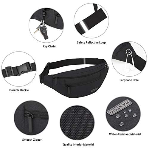 MAXTOP Large Bumbag Waist Fanny Pack Running Belt for Men Women Unisex Bum Bag with Headphone Jack and 4-Zipper Pockets Adjustable Belt for Travel Running Jogging Workout Hiking Gifts Black — view 5