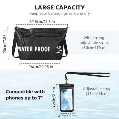 Zocipro Waterproof Bag for Swimming, Waterproof Pouch Bag with Waterproof Phone Pouch Case, 32x20x13 cm Waterproof Dry Bag, Water Tight Bag for Valuables,Surfing,Kayaking,Boating,Beach Camping, Black — view 2