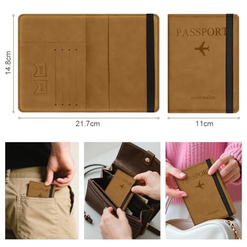AOOSU Passport Holder Cover, PU Leather Passport Cover with RFID Blocking Travel Wallet, Portable Universal Travel Wallet Case Organiser for Money, Boarding Passes, Credit Cards Yellow-Brown — view 2
