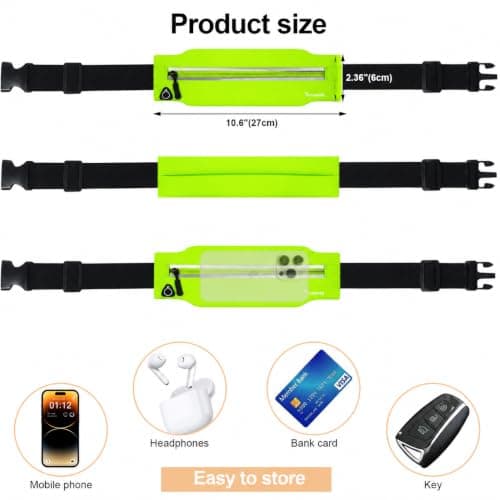 Running Belt for Men & Women, Slim Bum Bag & Running Phone Holder, No Bounce Waist Pack, Water Resistant Reflective Running Pouch, Adjustable Fitness Belt Fits All Smartphones(Silver-Green) — view 4