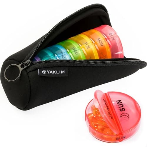Weekly Pill Boxes 7 Day 2 Times a Day, Large Pill Box Organiser with Zipper Neoprene Case, XL 7day Round Travel Pill Organiser Daily AM PM Tablet Holder for Vitamin Supplement Pot (Black)