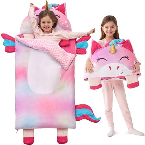 JOIEDOMI Colored Unicorn Toddler Nap Mat with Pillow & Blanket - 60" x 27" for Kids Ages 3+ - Nap Mat for Preschool - Kids Sleeping Bag- Soft Plush Sleeping Mat - for Kindergarten Daycare