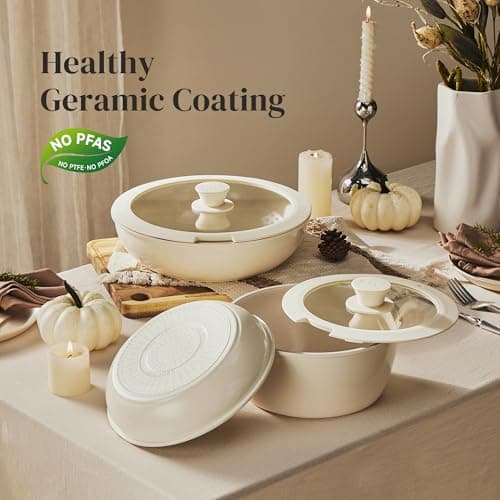 Redchef 16pcs Ceramic Pots and Pans Set Non Stick, Nonstick Kitchen Cookware Set with Detachable Handle, PFAS PFOA & PTFE Free, RV Ceramic Cookware Set for Camping, Oven Safe（Beige White — view 5