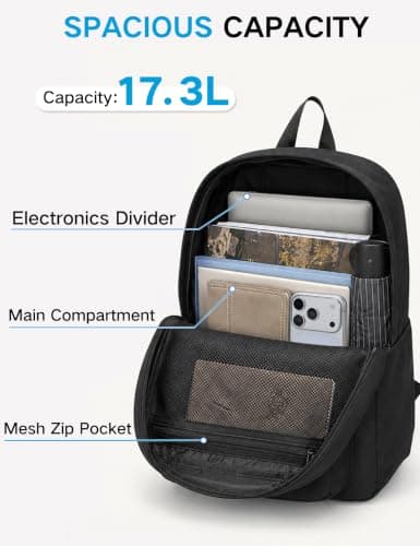 Kasgo 17.3L Lightweight School Backpack for Teens & Tween Boys Girls, Black — view 3