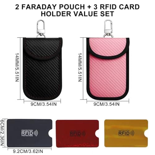 5 Pack Car Key Faraday Pouch Set, 2 Medium Signal Blocking Key Pouches Black & Pink with 3 RFID Card Holders, Anti-Theft Keyless Entry Protection — view 2