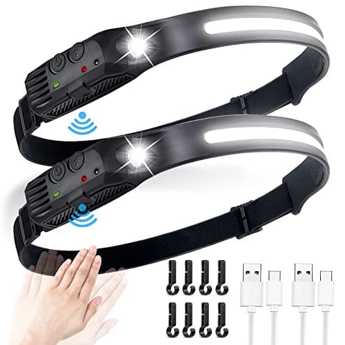 flintronic 2 PCS Led Headlamp USB Rechargeable,5 Modes 600 Lumens COB Headlight, IPX4 230°Wide-Angle Waterproof Lightweight Head Torch with Motion Sensor for Running, Hiking, Fishing Emergency 6 Hours