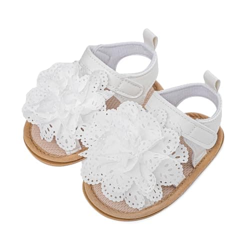 LACOFIA Baby Girls Sandals Infant Breathable Summer Flower Sandals First Walking Shoes with Anti-Slip Soft Sole White 12-18 Months