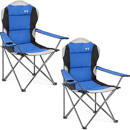 Trail Kestrel High Back Folding Camping Chair – 2 Pack, Luxury Padded Seat with Breathable Mesh, Heavy Duty Tubular Steel Frame, Cup Holder Armrest, Lightweight & Portable with Carry Bag (Blue)