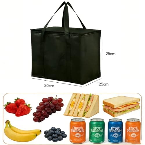 2 Pack Insulated Cooler Bags, Medium Thermal Lunch Bag for Hot Food Delivery with Dual Zippers, Reusable Foldable Picnic Tote for Camping BBQ Beach Grocery Shopping (30x25x25cm Black) — view 2