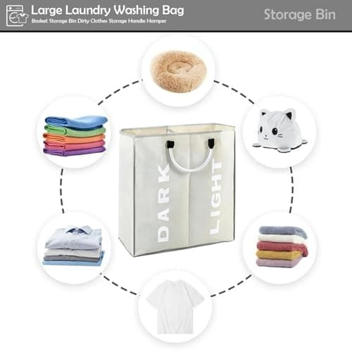 Double Compartment Laundry Basket with Handles | Collapsible Divided Clothes Hamper for Dark and Light Washing | Large Slim Portable Laundry Storage Bag for Home Dorm Travel Light Grey — view 5