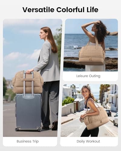 LOVEVOOK Travel Bags for Women, Lightweight Puffer Weekend Maternity Hospital Overnight Holdall Duffel Bags, Gym Bag with Shoe Compartment & Wet Pocket, Carry On Hand Luggage for Flight Sports, Khaki — view 2
