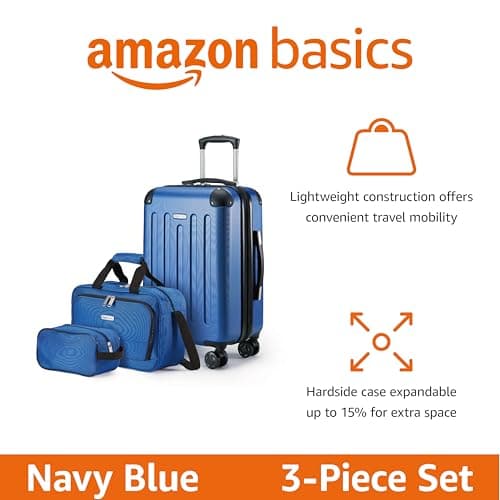 Amazon Basics Hardside Carry-On Spinner Luggage Set, 3-Piece, Carry-On Suitcase, Tote Bag, Compact Travel Bag, Expandable, 4 Spinner Wheels, Navy Blue — view 2
