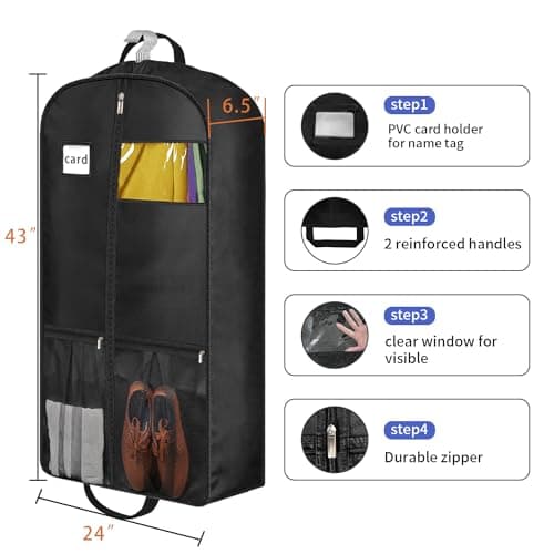 8" Gusseted Heavy Duty Garment Bags for Travel 43" Suit Bags for Closet Storage Hanging Clothes Bag with Pockets Mens Suit Holder for Shirts, Coats, Dresses, 3 Pack — view 3
