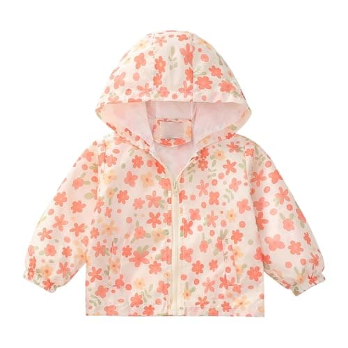 Toddler Girls Waterproof Jacket Baby Cute Heart Floral Rain Jackets Kids Lightweight Windproof Raincoat Outdoor Long Sleeve Zipper Hooded Windbreaker Packable Athletic Outwear (Beige, 6-12 Months)