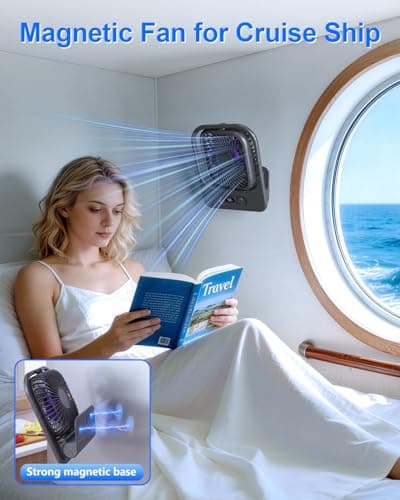 WISFISSH Ultra Thin Magnetic Cruise Fan, Portable Travel Fan Rechargeable with LED Display, 4 SPeed Foldable Cruise Approved Desk Fan for Ship Cabin, Gym, Office, Bedroom - Grey — view 2