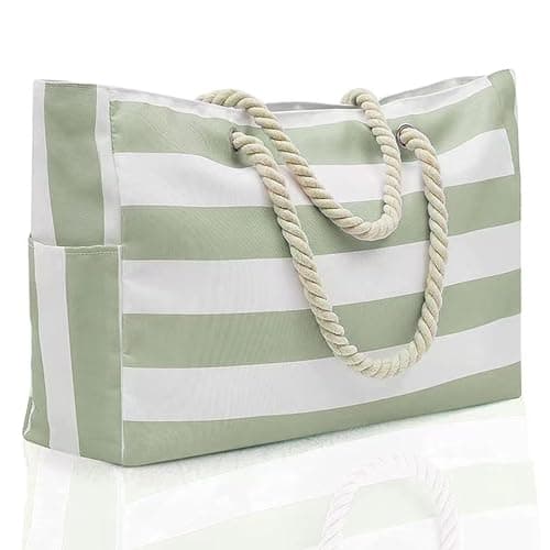 LPVVPEZ Large Beach Bag for Women with Zip, Waterproof Foldable Tote, Extra Big Swimming Pool & Gym Bag with Rope Handle for Travel, Shopping, Picnic (Green Stripe)