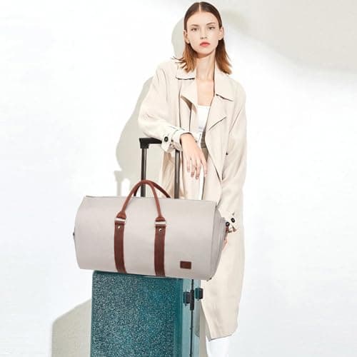 seyfocnia Convertible Carry on Garment Bag for Women,Leather Bags Travel with Shoe Pouch 2 in 1 Hanging Suitcase Suit Women Duffle Gifts, Beige, Classic — view 6