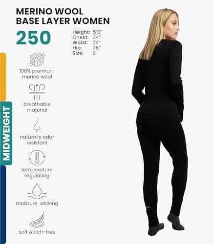 100% Merino Wool Base Layer Womens Set - Thermal Underwear Womens + Socks (Large, 250 Black) — view 2