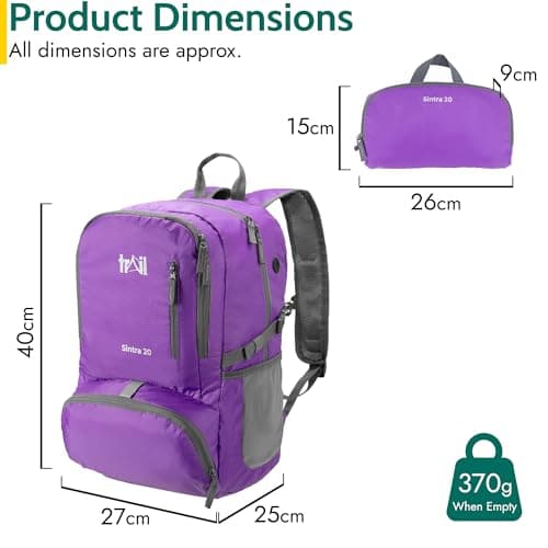 Trail Foldable Backpack, Lightweight Packable Rucksack, 20L, Purple — view 6