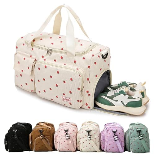 Corduroy Strawberry Sports Duffel Bag,Gym Bag with Shoe Compartment & Wet Pocket,Cute Travel Bag Weekend Bag Dance Bag for Girls (White)