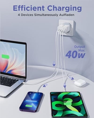 USB C Plug, 40W 4-Port Fast Charger Plug UK With USBC to USB C 2M, Multi USB Charger Dual Port PD Power Adapter +QC Wall Charger Multiport Mains Type C Charging for iPhone, Samsung, iPad — view 2