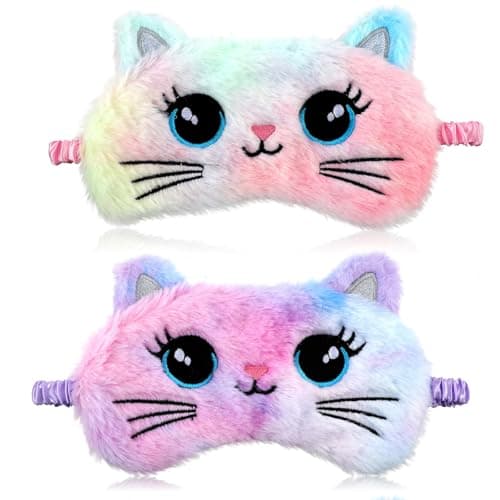 Wanmu 2pcs Sleep Mask Kids Colorful Fuffy Plush Eye Masks for Sleep Kids Soft Sleeping Eye Shade Cute Animal Night Blindfold Eye Cover for Women Men Girls Home Travel Nap Gift (Cat)