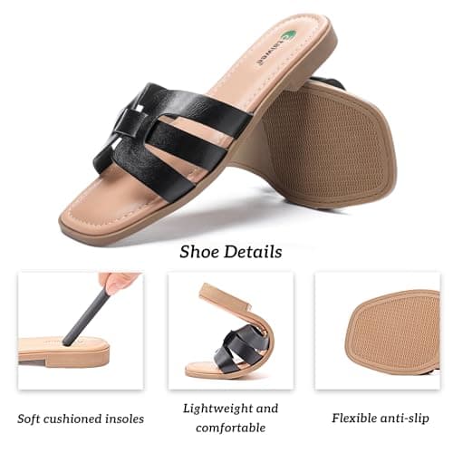 Ataiwee Women's Dressy H Flat Slide Sandals Faux Leather slippers,Black 6.5 — view 5