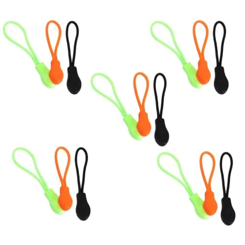 PRETYZOOM 15pcs Plastic Zipper Puller Kit with Black Green Orange Cord Pulls for Clothing and Suitcases, Sturdy Replacement Zipper Heads with Stay Cord for Easy Repair