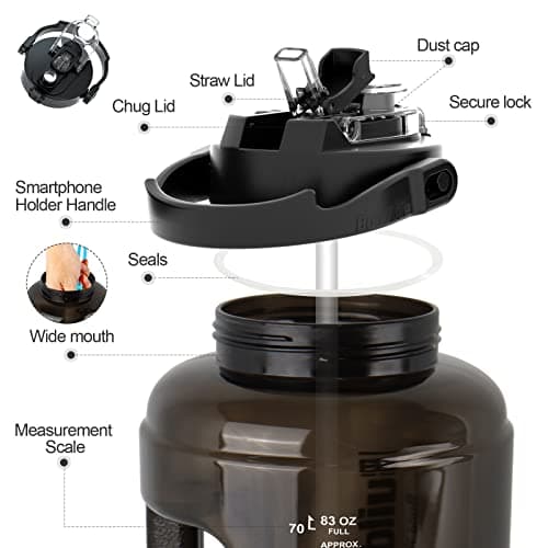 BuildLife Water Bottles with Straw & Flip Cap 2 in 1 Lid - Large Water Bottle with Time Markings BPA Free Leak Proof Wide Mouth Drinks Bottle,2.5 Litre Durable Sports Water Bottle (Black) — view 5