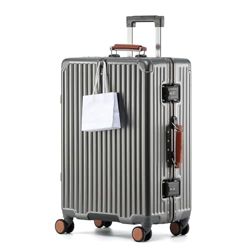 Aoliwei Aluminium Frame Travel Suitcase M (64 cm) - Premium Hard Shell Trolley for 4-6 Days Travel, with Black Genuine Leather Handle, TSA Lock & 360° Silent Double Wheels, Grey (brown genuine leather
