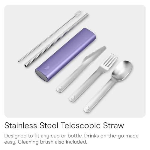 Chilly's Cutlery - Portable Cutlery, Stainless Steel Utensils with Aluminium Travel Case, Reusable Knife, Fork, Spoon, & Straw, Dishwasher Safe - for Travel and Camping - Lavender — view 4